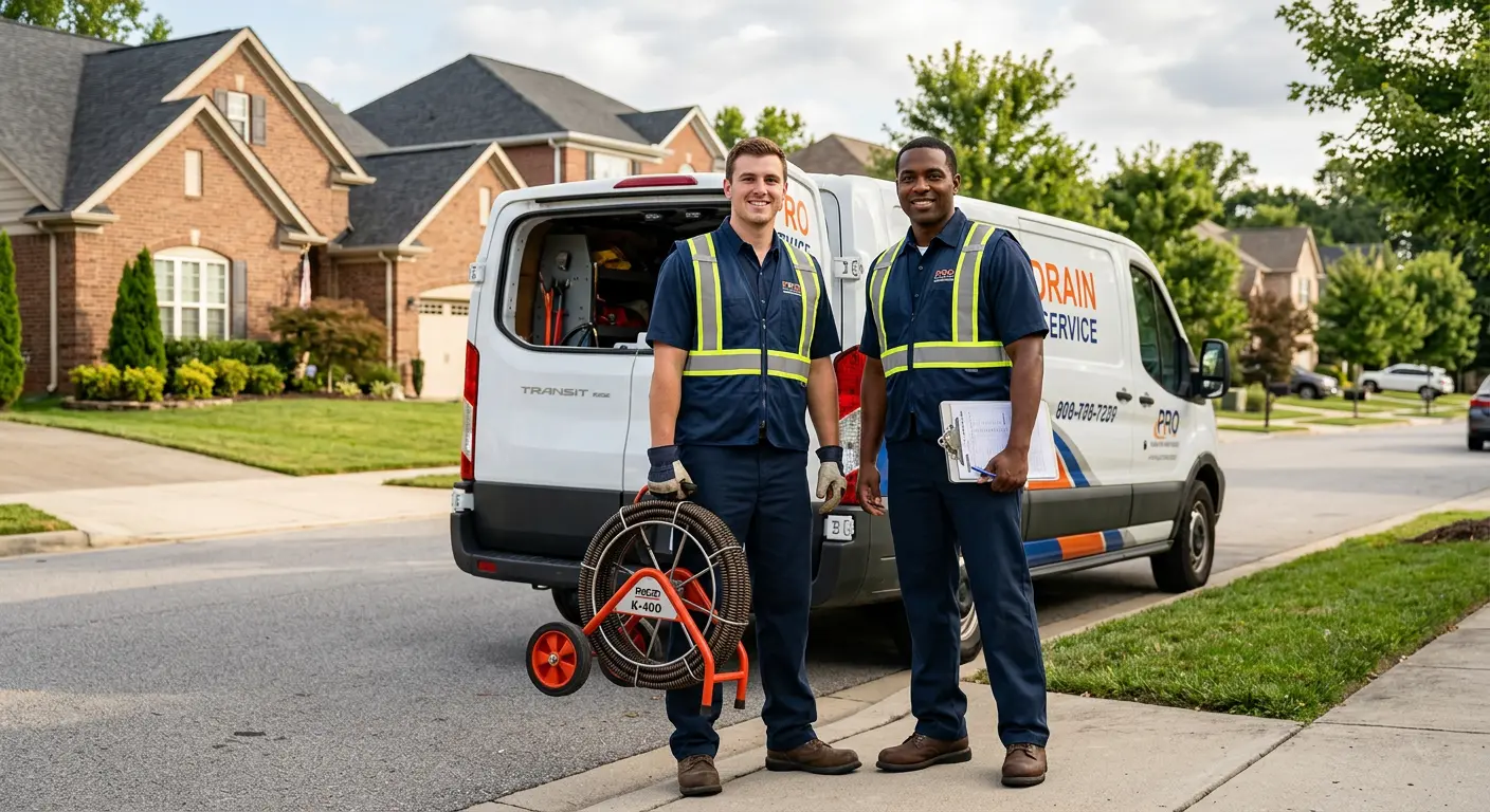 Sewer and drain service team with equipment ready for work in Littlefield