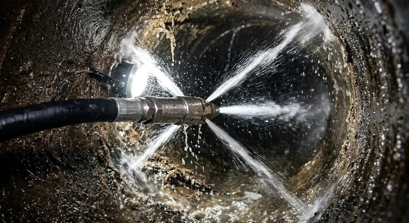 High-pressure hydro jetting nozzle cleaning sewer pipe for Trenchless Sewer Repair in Littlefield