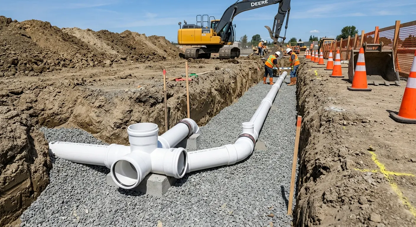New PVC sewer pipe installation in open trench for Grease Trap Cleaning in Littlefield