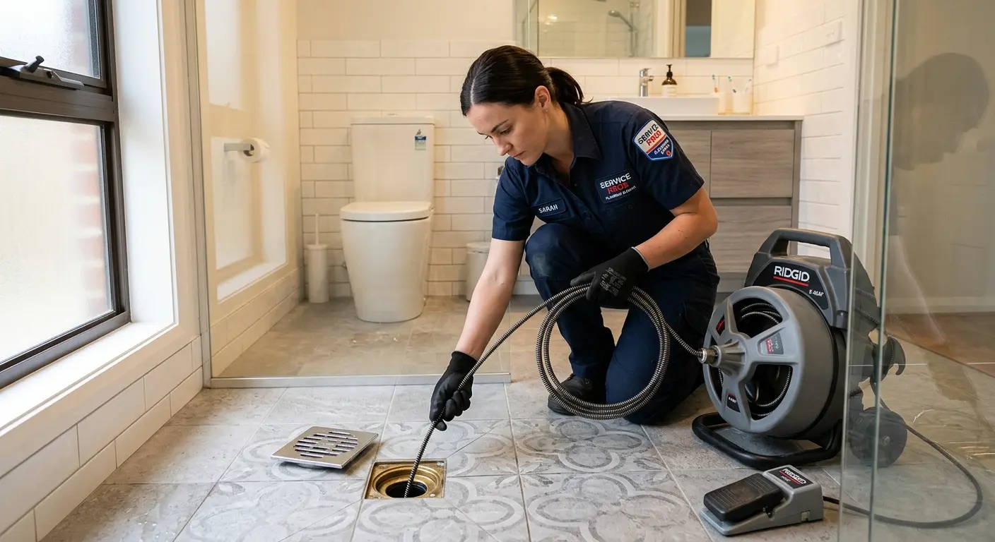 Technician clearing a bathroom floor drain for Clogged Drain Repair in Littlefield
